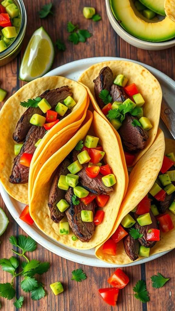 Delicious steak tacos with avocado salsa on a rustic table, garnished with lime wedges and cilantro.